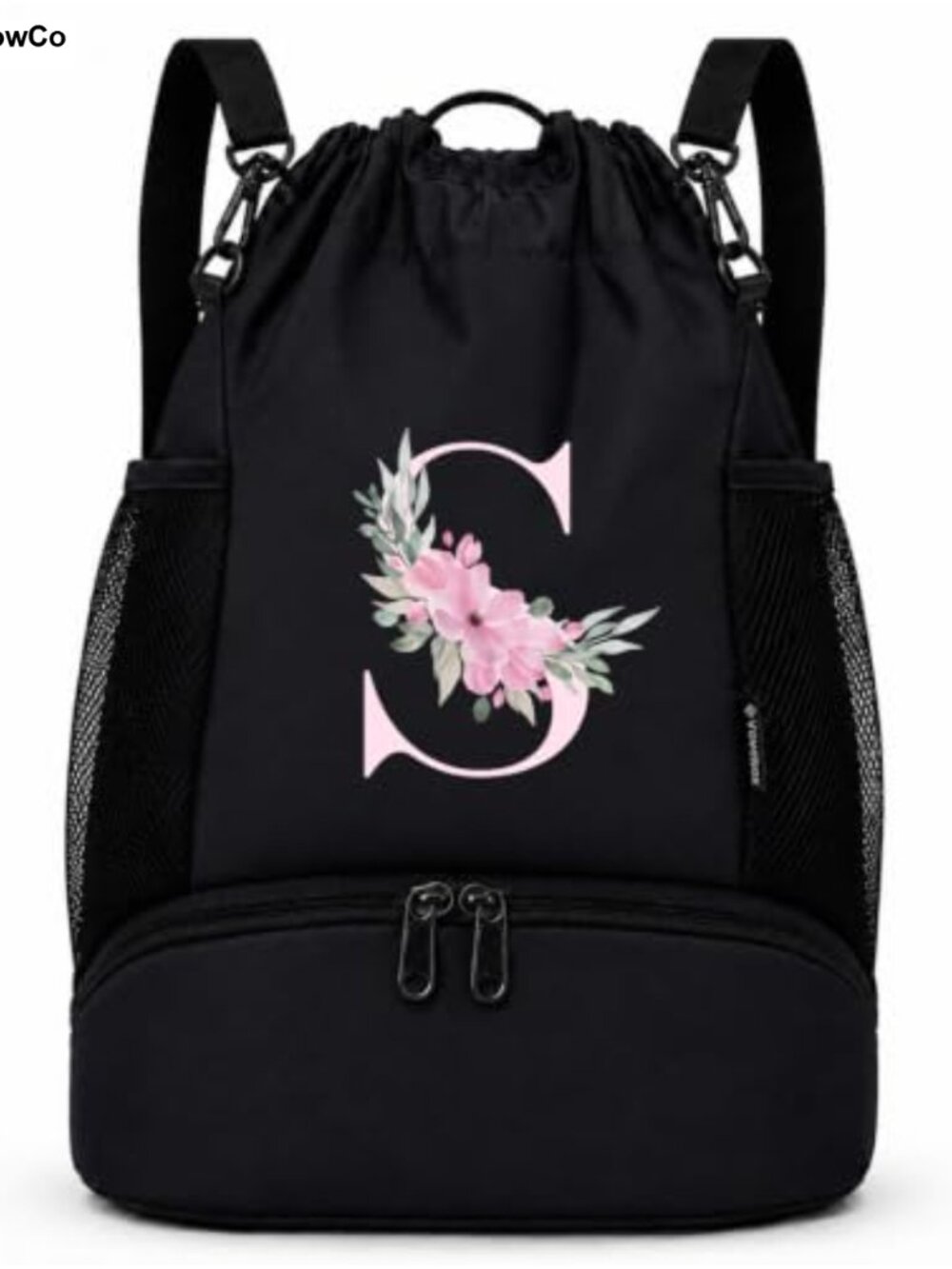 Initial Drawstring Backpack with Shoe Compartment Waterproof Nylon Gym Bag